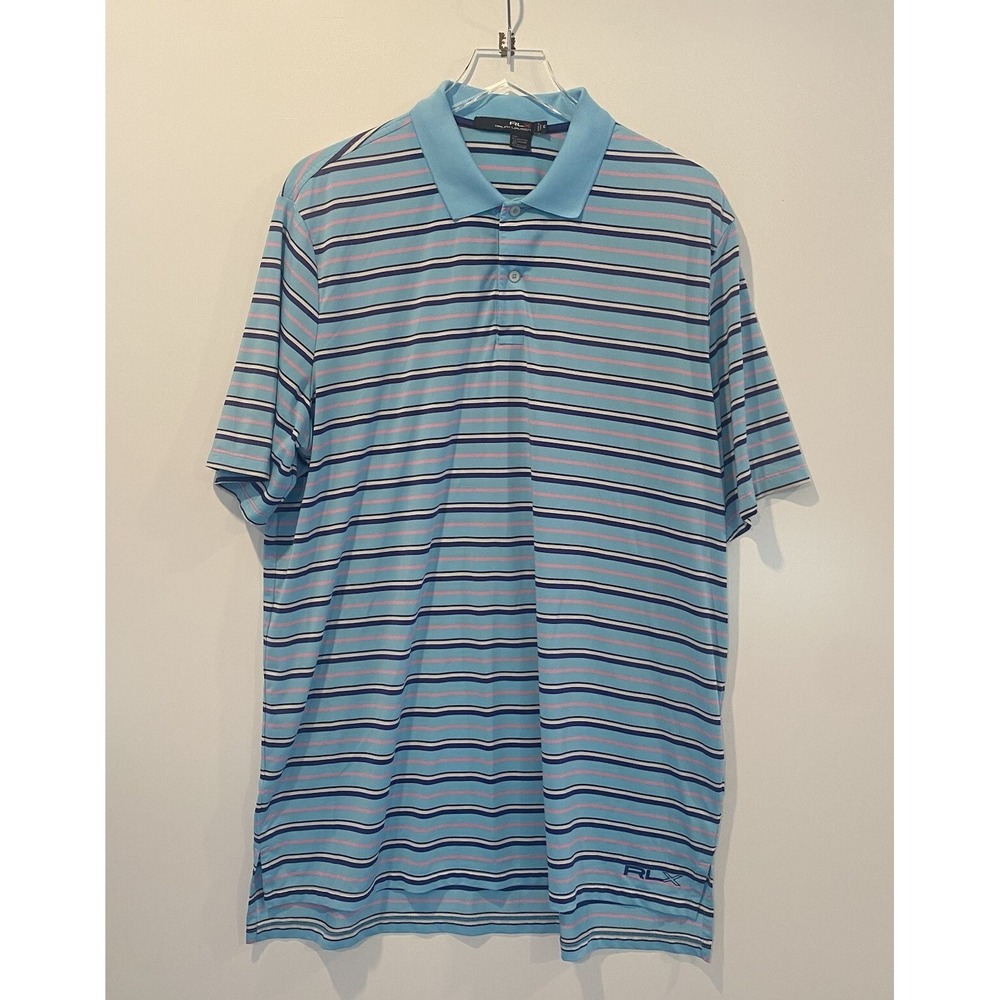 RLX Ralph Lauren Mens Golf Polo Shirt XL Blue Pink Striped Short Sleeve Stretch